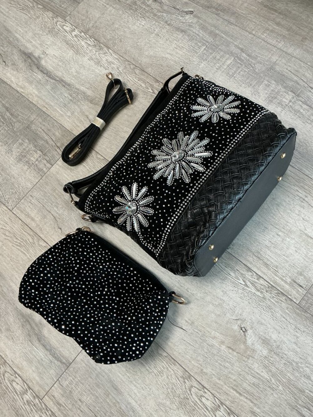 2-in-1 Black Rhinestone Floral Shoulder Bag w/ Removable Pouch & Crossbody Strap